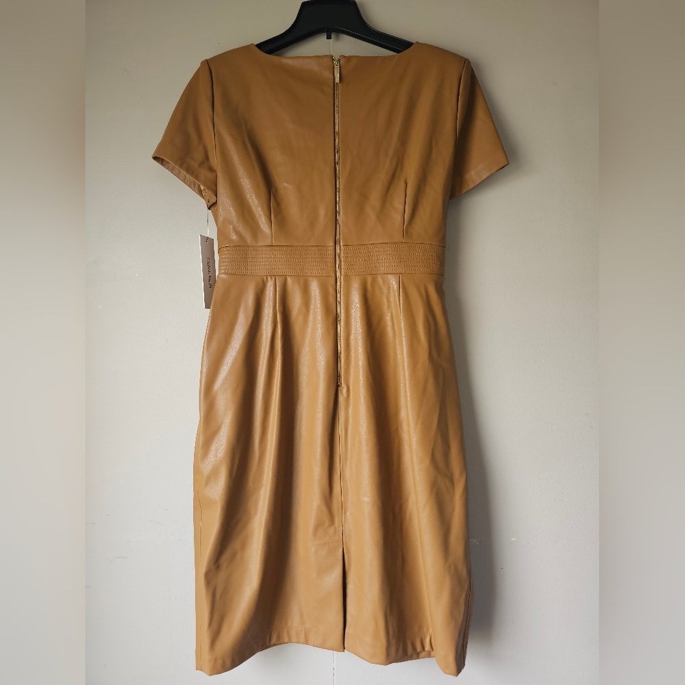 Calvin Klein Faux Leather Belted Sheath Dress NWT Luggage Brown - Picture 12 of 16